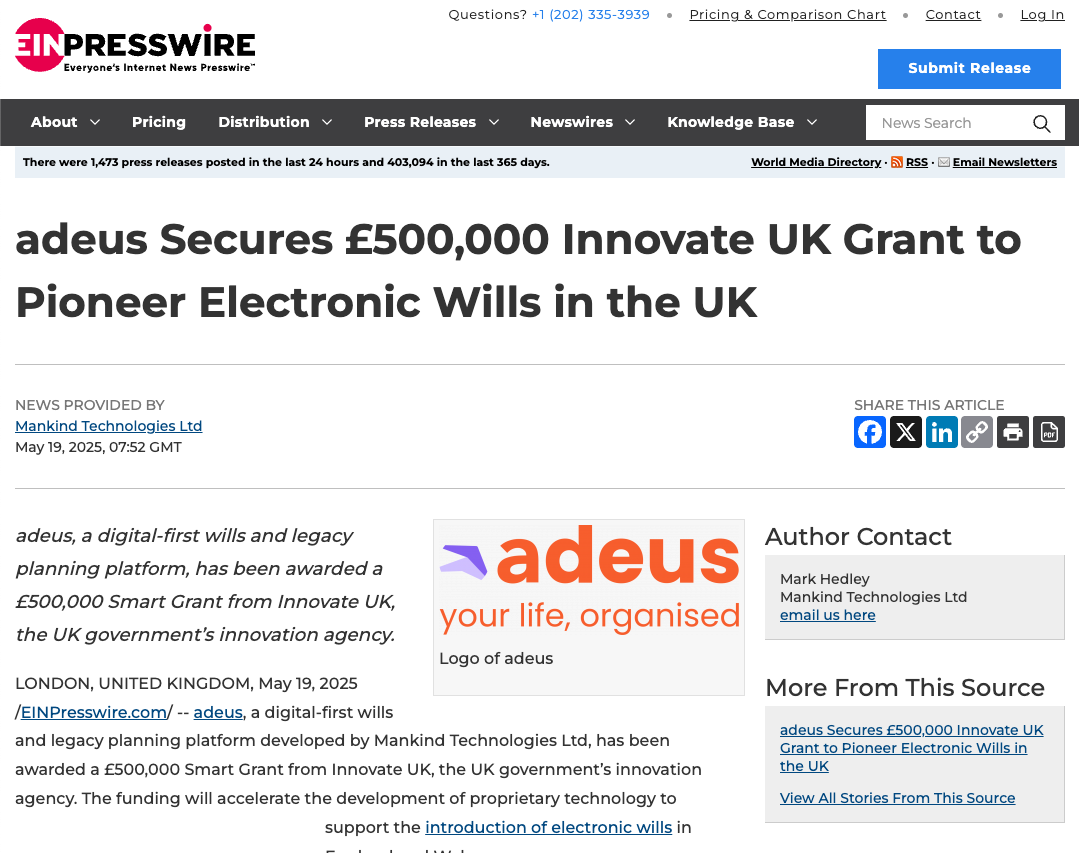 adeus Innovate UK grant announcement